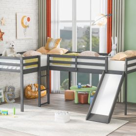 L-Shaped Twin Size Loft Bed with Ladder and Slide