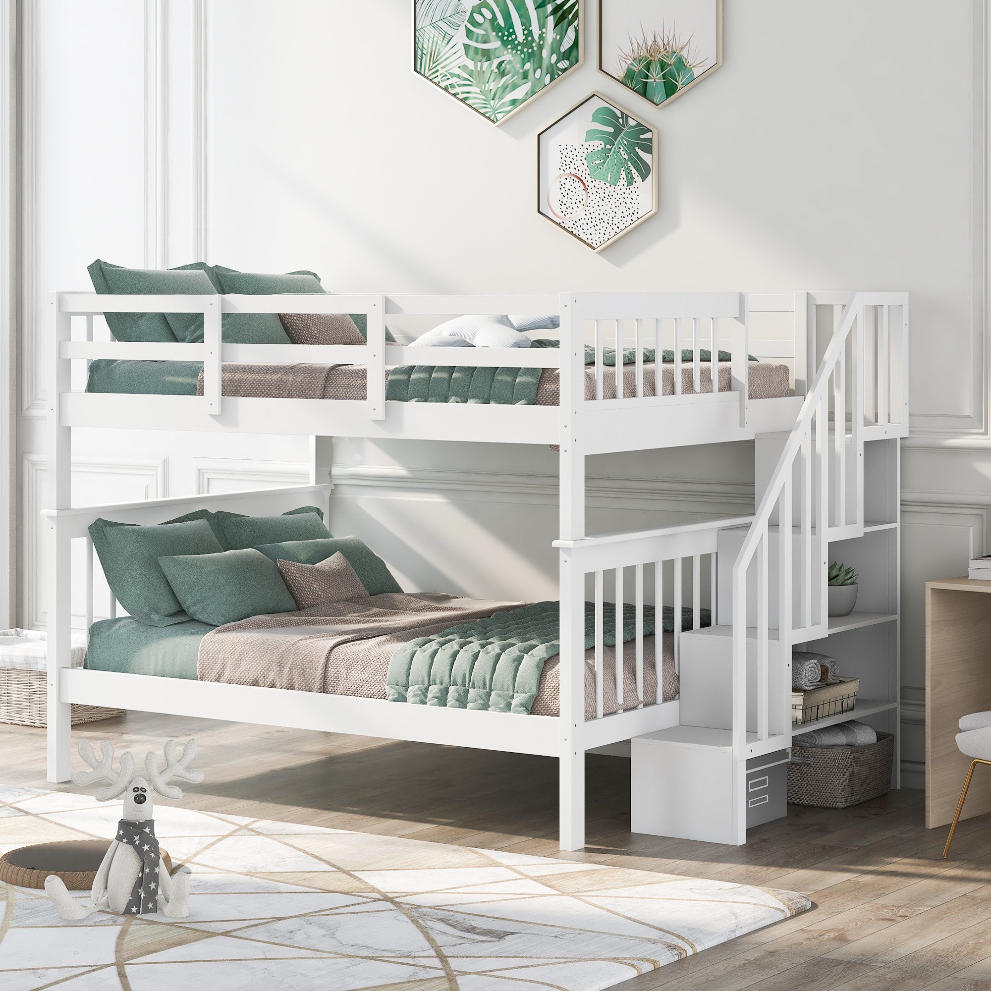 Full-Over-Full Bunk Bed with Staircase and Guard Rail 3 Stairway Full-over-full Bunk Bed With Storage And Guard Rail