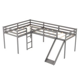L-Shaped Twin Size Loft Bed with Ladder and Slide