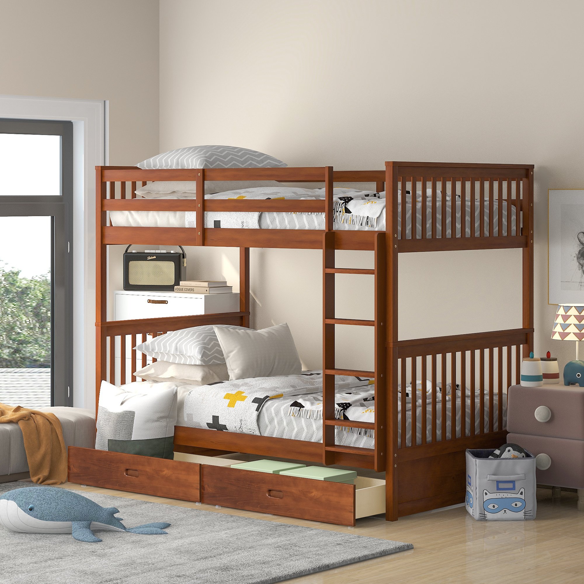Twin Over Twin Bunk Bed with Ladders and Two Storage Drawers