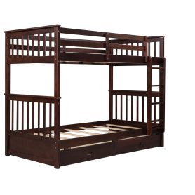 Twin Over Twin Bunk Bed with Ladders and Two Storage Drawers 30 Twin Over Twin Bunk Bed with Ladders and Two Storage Drawers