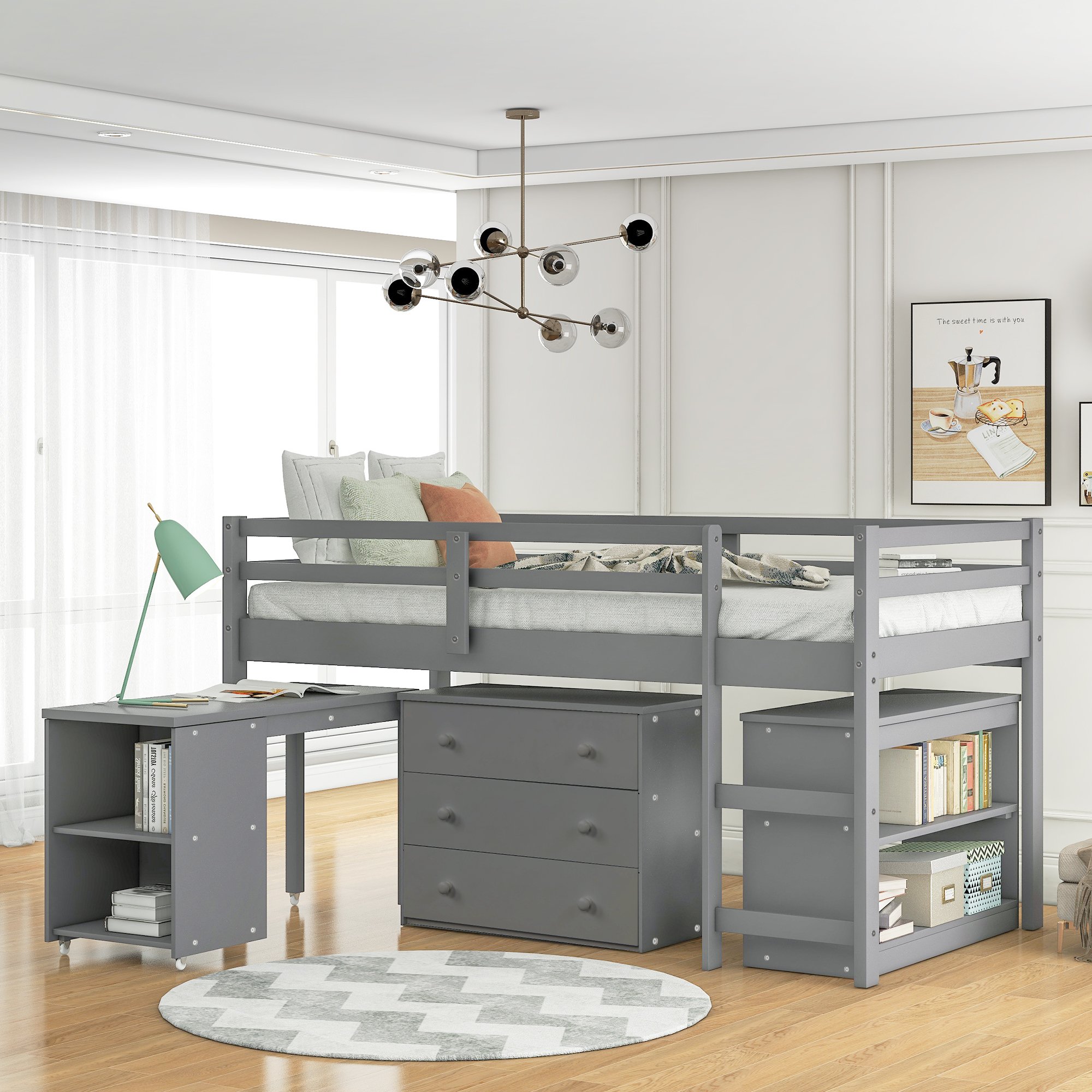 Study Low Twin Loft Bed With Cabinet And Rolling Portable Desk
