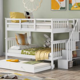 Stairway Full-Over-Full Bunk Bed with Twin size Trundle, Storage and Guard Rail