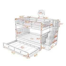 Stairway Full-Over-Full Bunk Bed with Twin size Trundle, Storage and Guard Rail