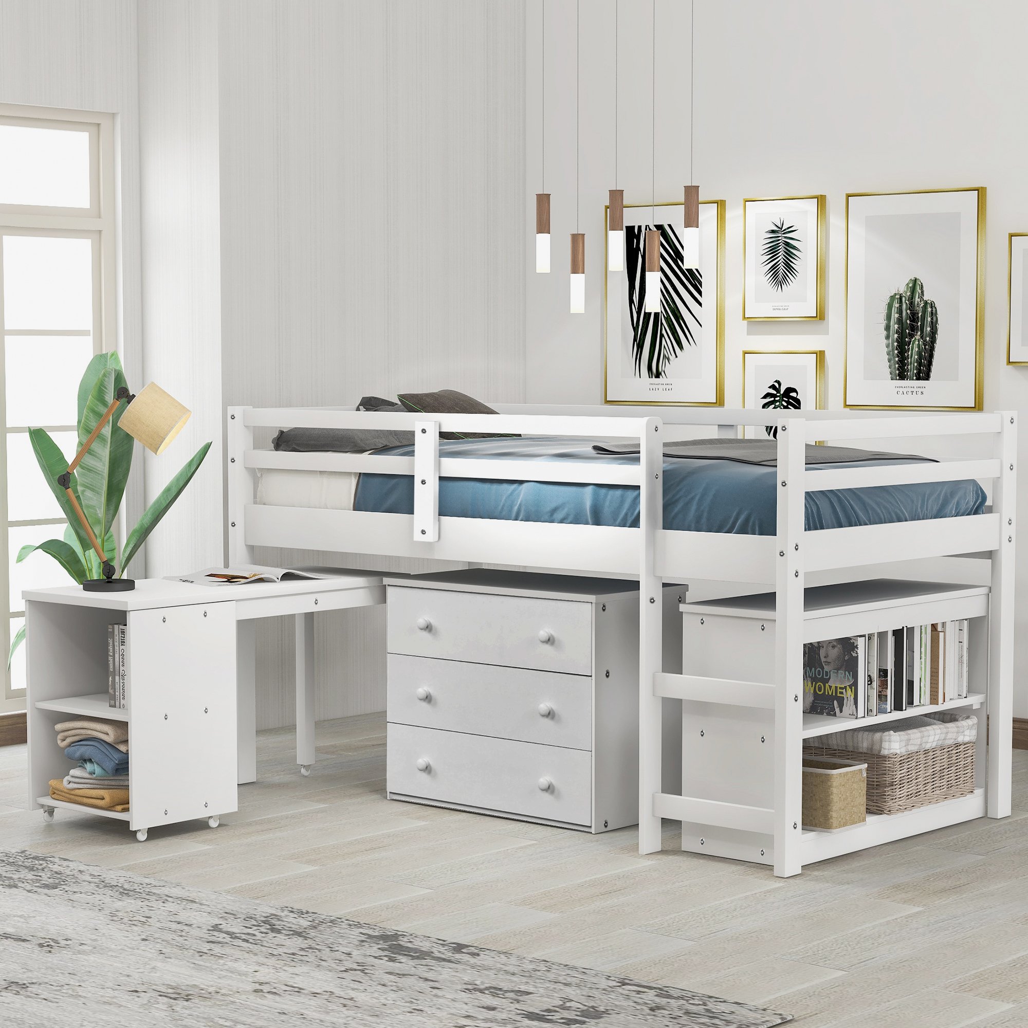 Study Low Twin Loft Bed With Cabinet And Rolling Portable Desk