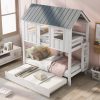 Twin Size House Bunk Bed with Trundle,  Roof and Windows
