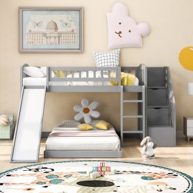 Twin Over Twin Bunk Bed With Two Drawers, Slide and Staircase
