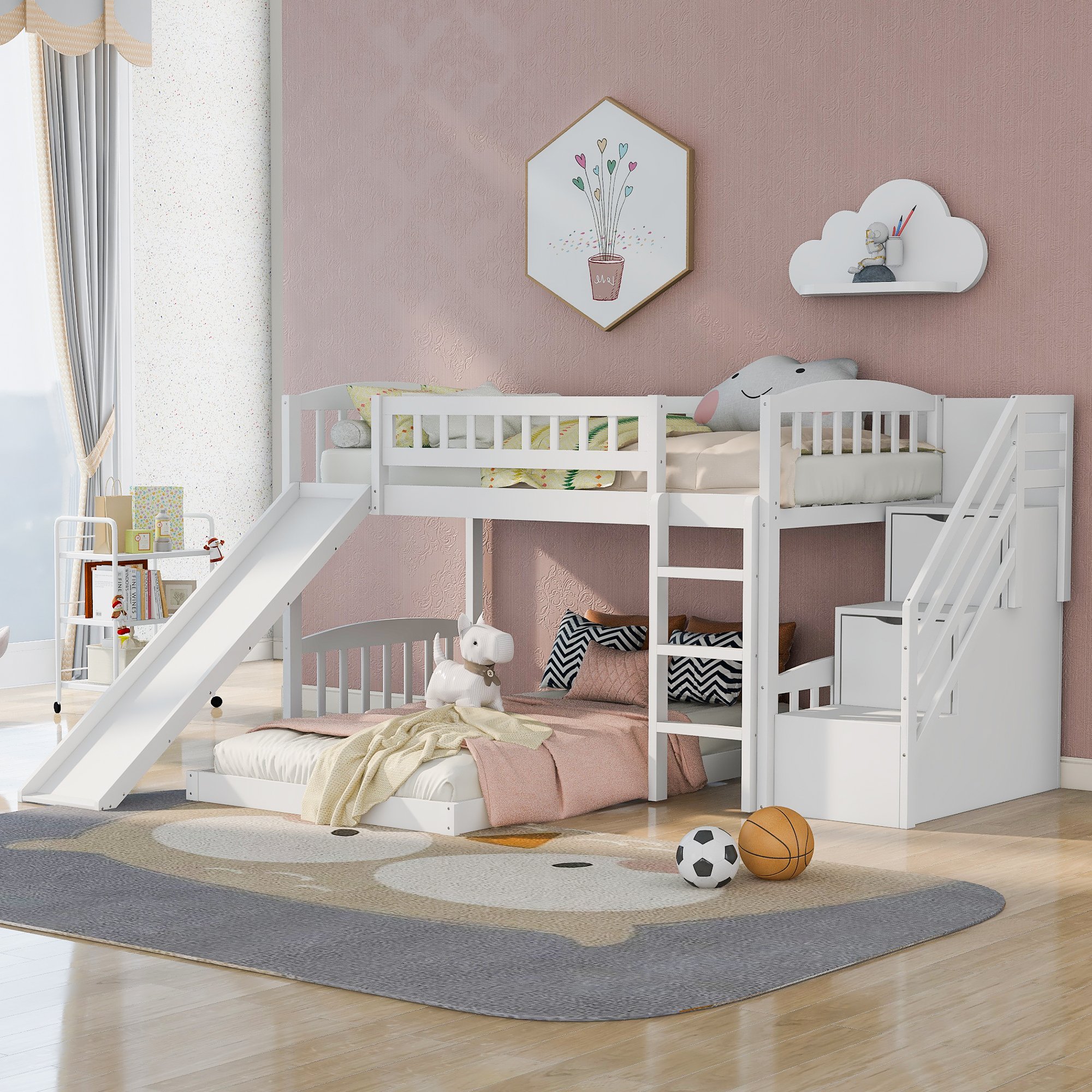 Twin Over Twin Bunk Bed With Two Drawers, Slide and Staircase