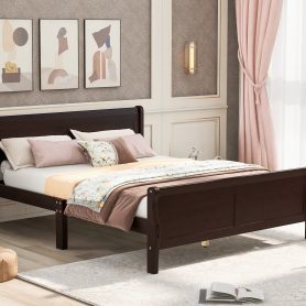 Full Size Wood Platform Bed With Headboard And Wooden Slat Support