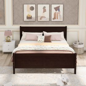 Full Size Wood Platform Bed With Headboard And Wooden Slat Support