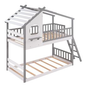 Wood Twin Over Twin Bunk Bed With Roof, Window, Ladder
