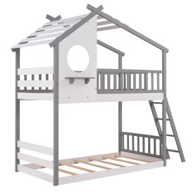 Wood Twin Over Twin Bunk Bed With Roof, Window, Ladder