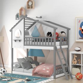 Wood Twin Over Twin Bunk Bed With Roof, Window, Ladder