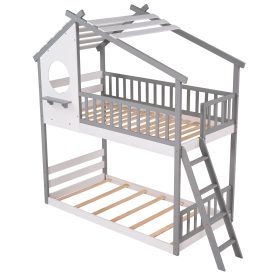 Wood Twin Over Twin Bunk Bed With Roof, Window, Ladder