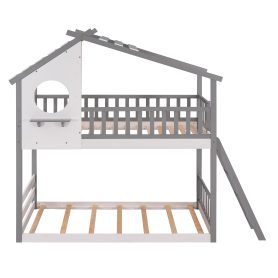 Wood Twin Over Twin Bunk Bed With Roof, Window, Ladder