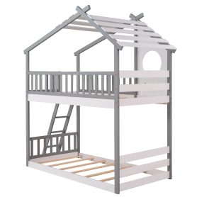 Wood Twin Over Twin Bunk Bed With Roof, Window, Ladder