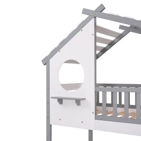 Wood Twin Over Twin Bunk Bed With Roof, Window, Ladder