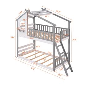 Wood Twin Over Twin Bunk Bed With Roof, Window, Ladder