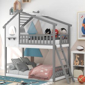 Wood Twin Over Twin Bunk Bed With Roof, Window, Ladder
