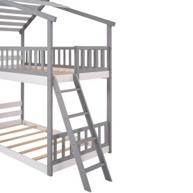 Wood Twin Over Twin Bunk Bed With Roof, Window, Ladder