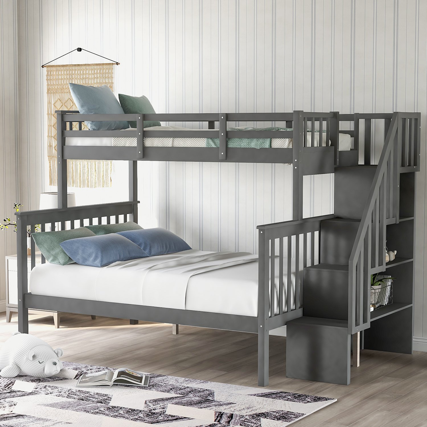 Twin Over Full Bunk Bed With Storage, Guard Rail And Stairway