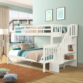 Twin Over Full Bunk Bed With Storage, Guard Rail And Stairway