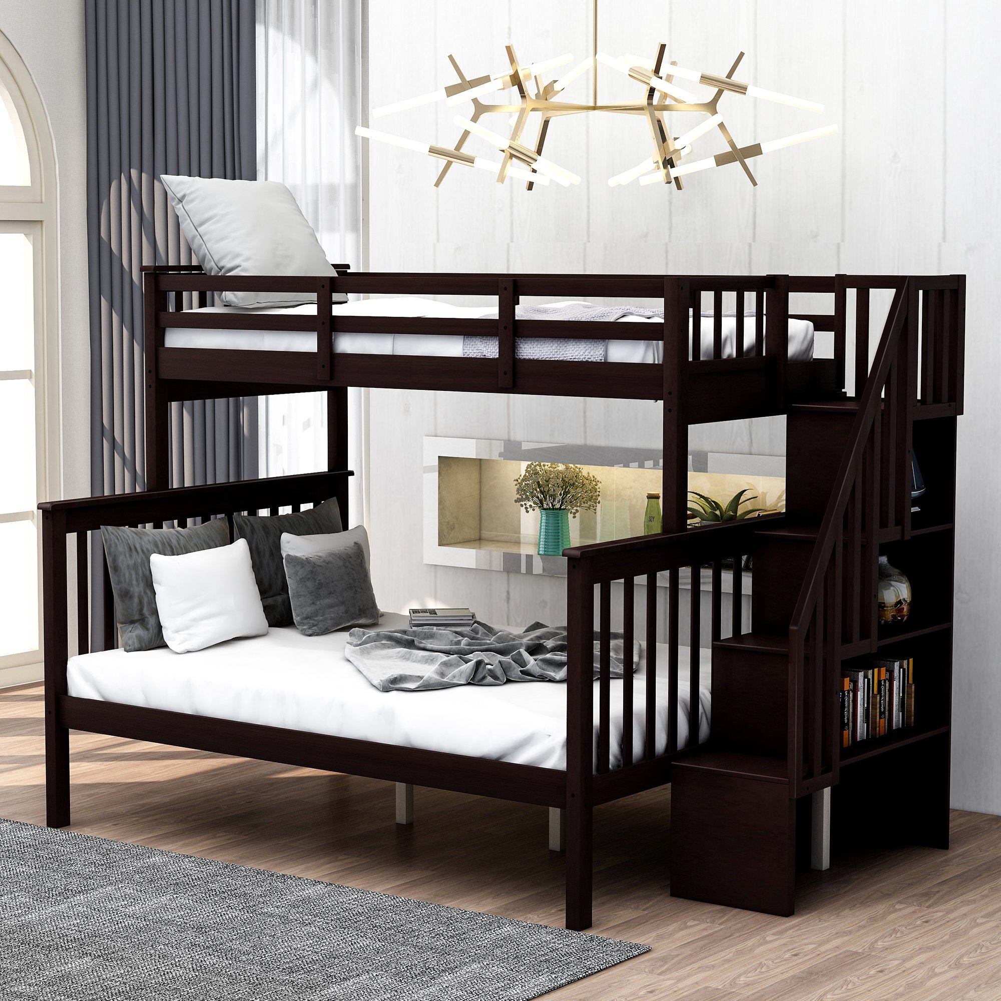 Twin Over Full Bunk Bed With Storage, Guard Rail And Stairway