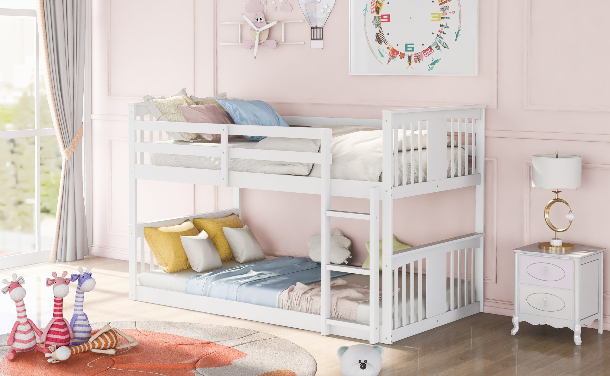 Twin Over Twin Low Bunk Bed With Ladder and Guardrail 14 Twin Over Twin Low Bunk Bed With Ladder and Guardrail