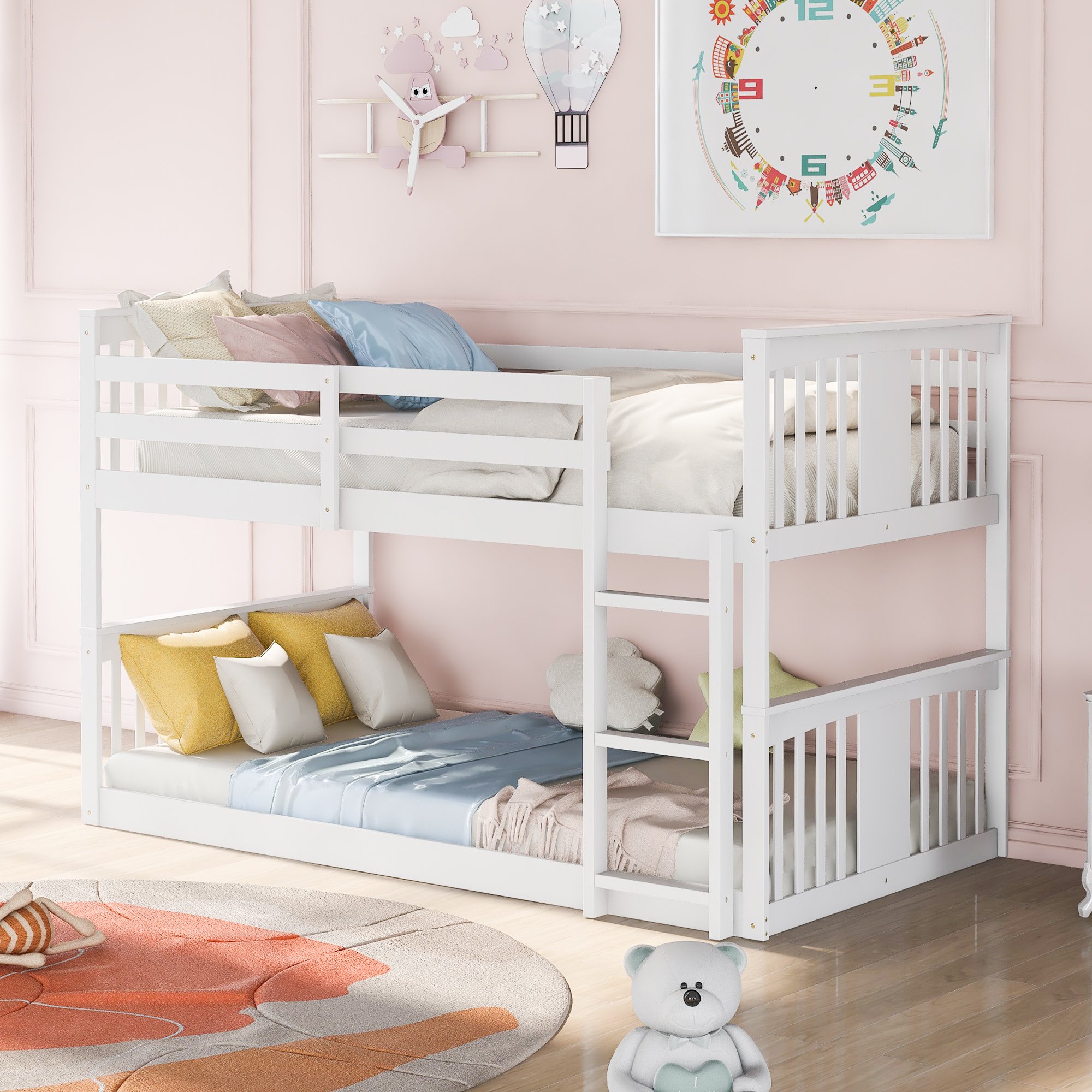 Twin Over Twin Low Bunk Bed With Ladder and Guardrail 3 Twin Over Twin Low Bunk Bed With Ladder and Guardrail