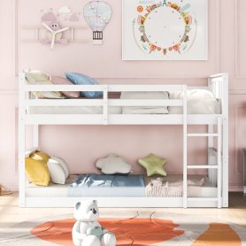 Twin Over Twin Low Bunk Bed With Ladder and Guardrail