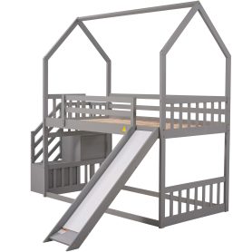 Twin Over Twin House Bunk Bed With Convertible Slide and Storage Staircase, Can Be Placed Left Or Right