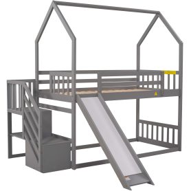 Twin Over Twin House Bunk Bed With Convertible Slide and Storage Staircase, Can Be Placed Left Or Right