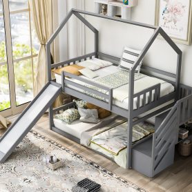 Twin Over Twin House Bunk Bed With Convertible Slide and Storage Staircase, Can Be Placed Left Or Right