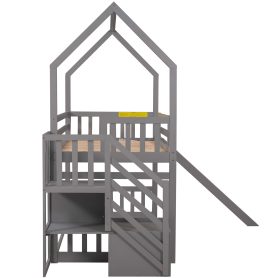 Twin Over Twin House Bunk Bed With Convertible Slide and Storage Staircase, Can Be Placed Left Or Right