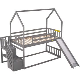 Twin Over Twin House Bunk Bed With Convertible Slide and Storage Staircase, Can Be Placed Left Or Right