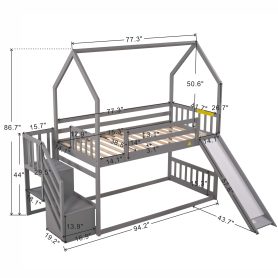 Twin Over Twin House Bunk Bed With Convertible Slide and Storage Staircase, Can Be Placed Left Or Right