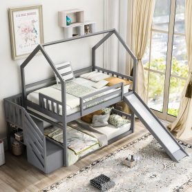 Sliding into Fun: The Ultimate Guide to Bunk Beds with Slides 4 Twin Over Twin House Bunk Bed With Convertible Slide and Storage Staircase, Can Be Placed Left Or Right