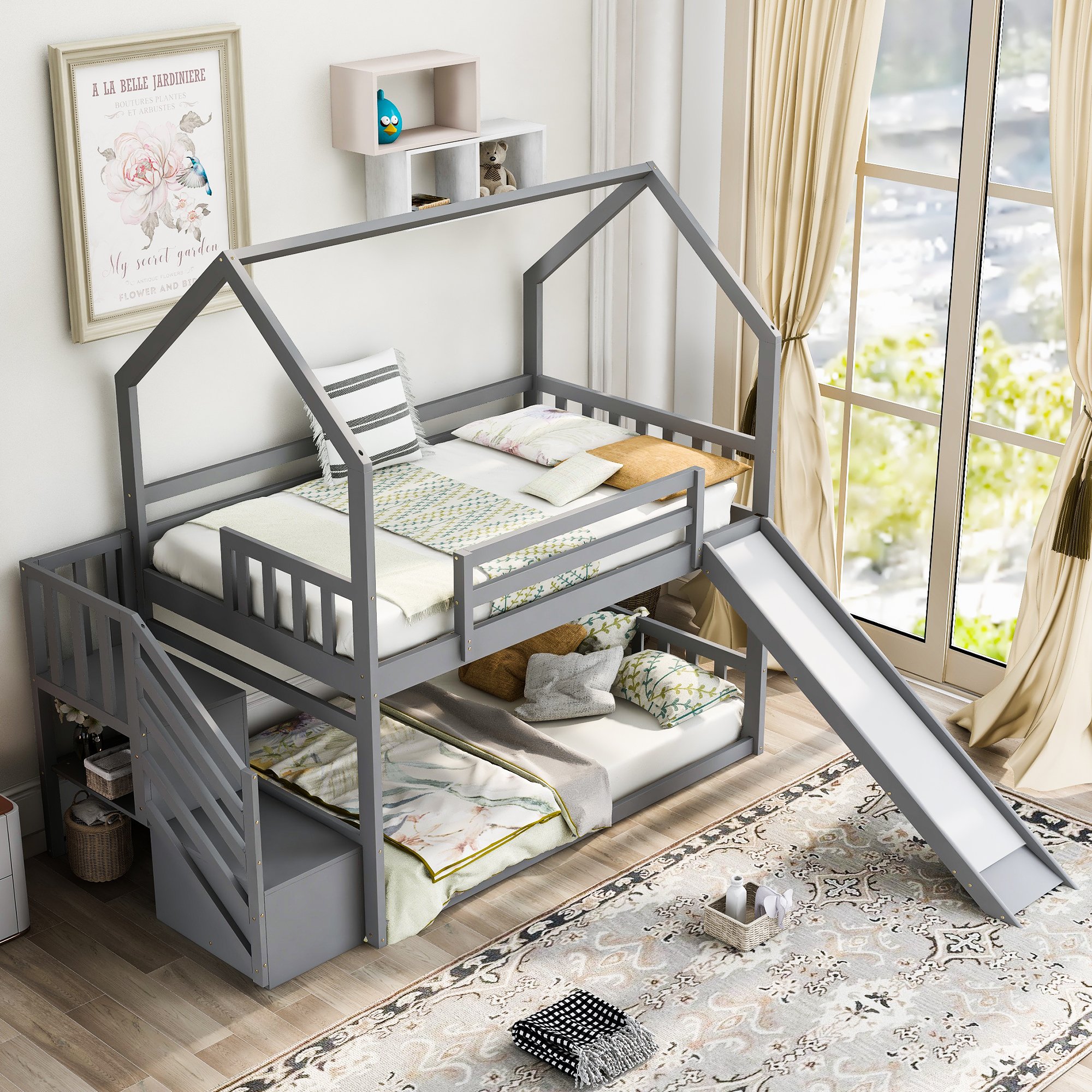 Twin Over Twin House Bunk Bed With Convertible Slide,storage Staircase,gray