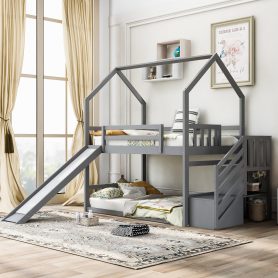 Twin Over Twin House Bunk Bed With Convertible Slide and Storage Staircase, Can Be Placed Left Or Right