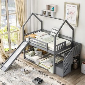 Twin Over Twin House Bunk Bed With Convertible Slide and Storage Staircase, Can Be Placed Left Or Right