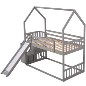 Twin Over Twin House Bunk Bed With Convertible Slide and Storage Staircase, Can Be Placed Left Or Right