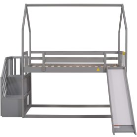 Twin Over Twin House Bunk Bed With Convertible Slide and Storage Staircase, Can Be Placed Left Or Right