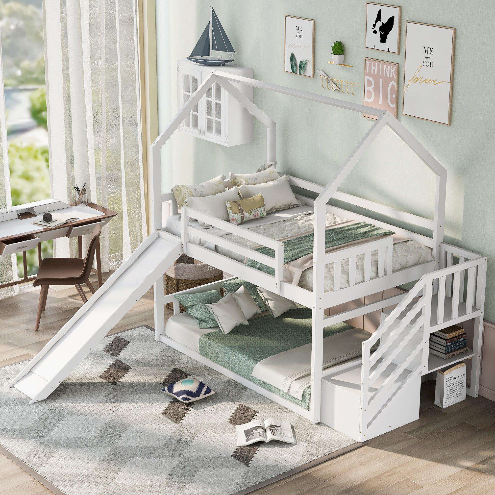 Twin Over Twin House Bunk Bed With Convertible Slide and Storage Staircase, Can Be Placed Left Or Right