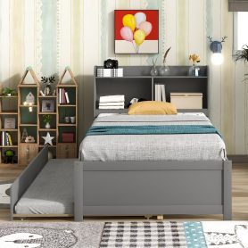 Twin Size Platform Bed with Trundle and Bookcase