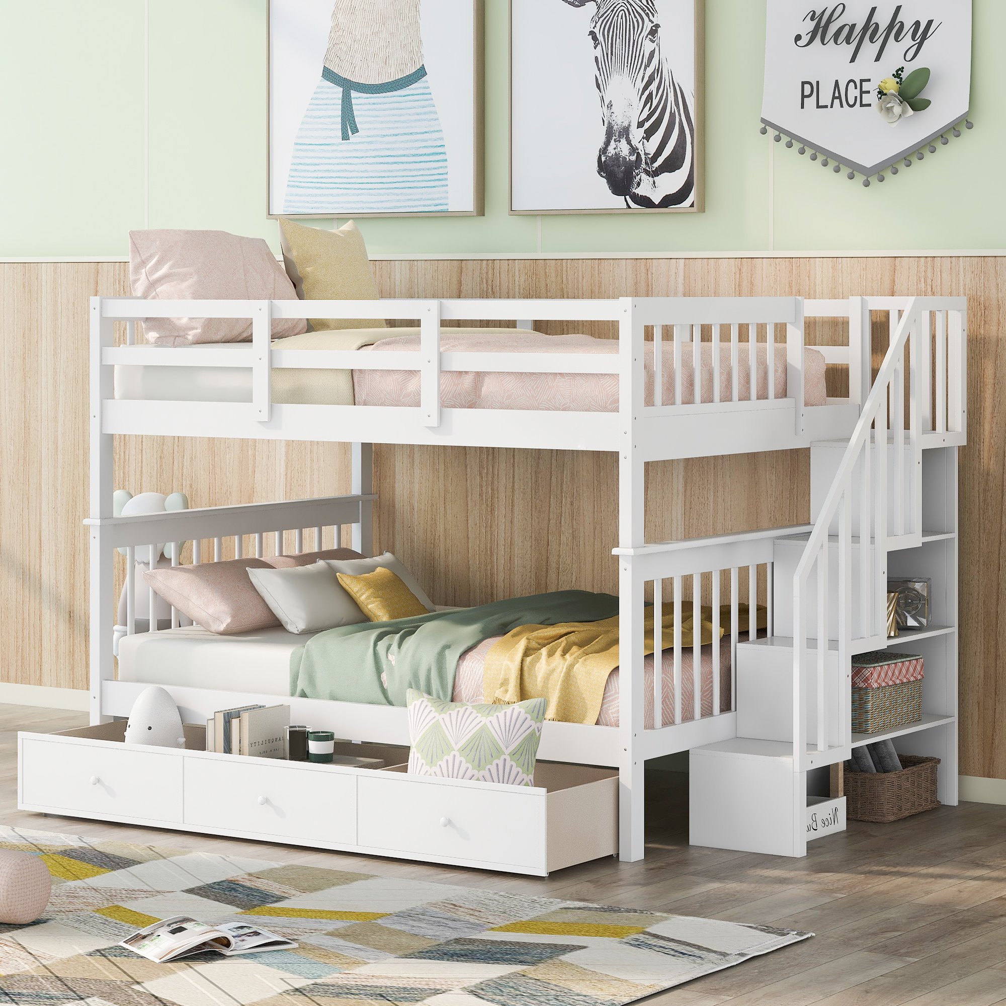 Full-over-full Bunk Bed With Drawer, Stairway And Guard Rail