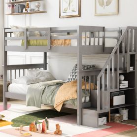Twin over Twin Bunk Bed with Staircase And Guard Rail