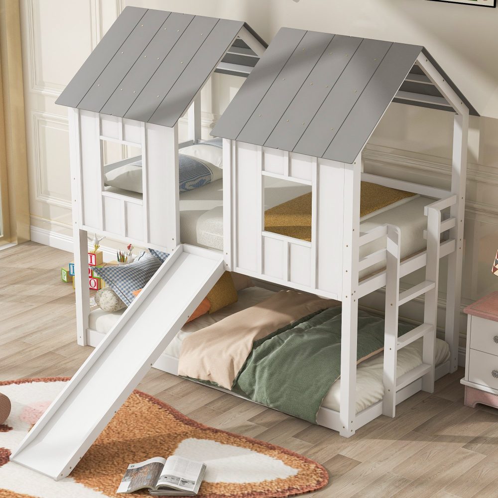 Wood Twin over Twin House Bunk Bed with Slide and Windows | Cool Kids Bed