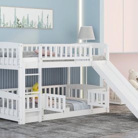 Wooden Twin Over Twin Low Bunk Bed with Fence and Ladder