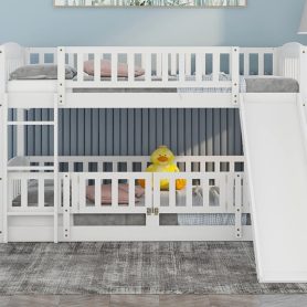 Wooden Twin Over Twin Low Bunk Bed with Fence and Ladder