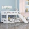 Wooden Twin Over Twin Low Bunk Bed with Fence and Ladder